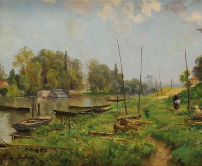 Pierre Ernest BALLUE (1855-1928) Paysage aux barques Sur sa toile d?origine Signé...