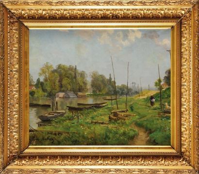 Pierre Ernest BALLUE (1855-1928) Paysage aux barques Sur sa toile d?origine Signé...