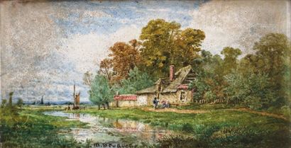 Michel BOUQUET (XIXè) Maison en bord de rivière Peinture sur céramique Signé au milieu...