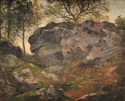 École Française du XIXe siècle Rochers en forêt de Fontainebleau Sur sa toile d?origine...