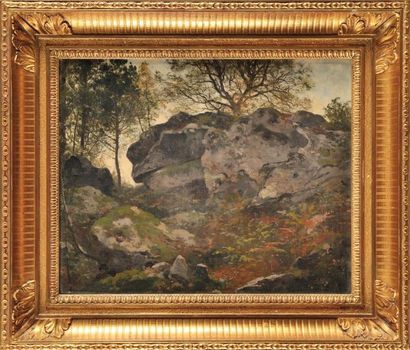 École Française du XIXe siècle Rochers en forêt de Fontainebleau Sur sa toile d?origine...