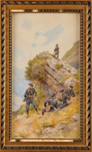 Pierre COMBA (1859-1934) Chasseurs alpins Paire d?aquarelles Signées en bas à gauche...