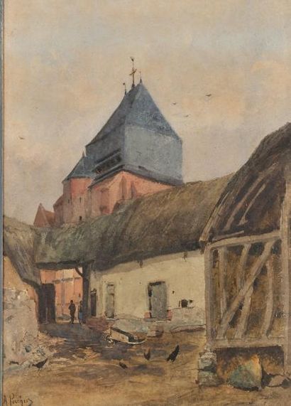 Albert PORCHER (1834-1895) Cour de ferme Aquarelle Signée en bas à gauche 37,5 x...