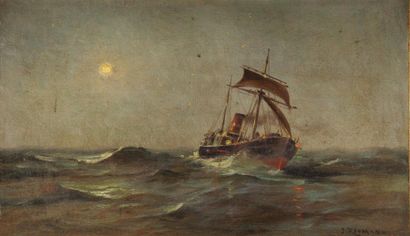 Joseph Jacques REYMANN (1848-?) Marine au claire de lune Huile sur panneau Signé...