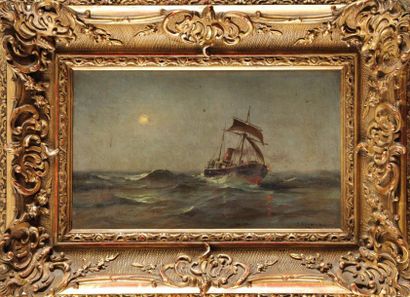 Joseph Jacques REYMANN (1848-?) Marine au claire de lune Huile sur panneau Signé...