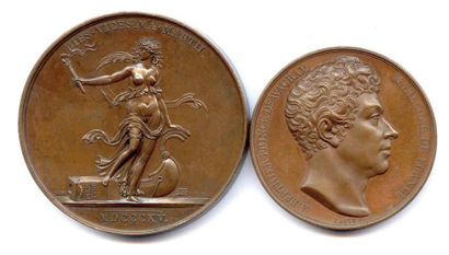 null Deux médailles en bronze 1815 : Louis XVIII quitte Paris (Andrieu et Jeuffroy)...