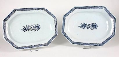 ROUEN Paire de plats de forme octogonale en faience bleu blanc. XVIIIème siècle