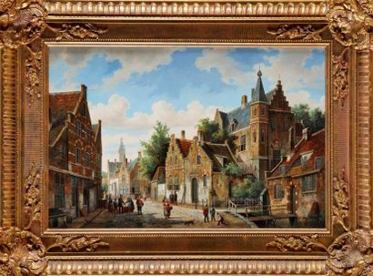 Jacobus VAN MEURS (1758-1824) Ville de Hollande Huile sur panneau signée en bas à...