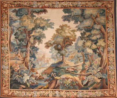 AUBUSSON Tapisserie en laine à décor d'un paysage animé au château XIXème siècle...