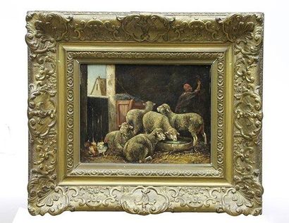 Albin de BUNCEY (Fin XIXème siècle) Moutons dans l' étable Huile sur toile signée...