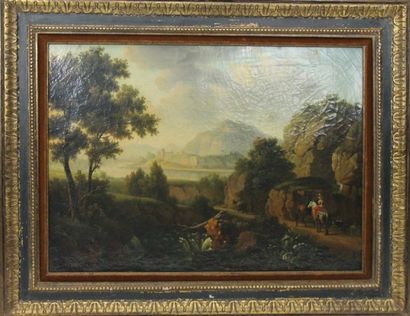 Pierre Joseph PETIT (1768-1825) Paysage animé Huile sur toile signée en bas à gauche...