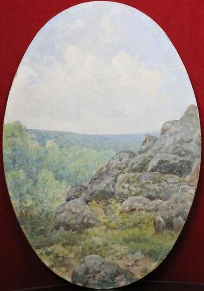 Paul TAVERNIER (1852-1943) Paysages de la forêt de Fontainebleau Suite de trois huiles...