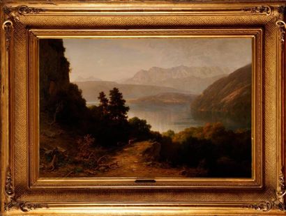 Josef SCHERTEL (1810-1869) Le brame du cerf en montagnes alpines Huile sur toile...