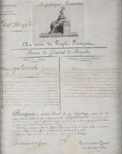null Brevet de général de brigade au nom du Citoyen Jean Baptiste Laplanche Sur vélin....