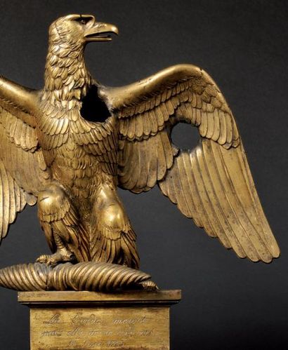 null Emouvante aigle de drapeau blessée, modèle 1804. Aigle en bronze doré, à tête...