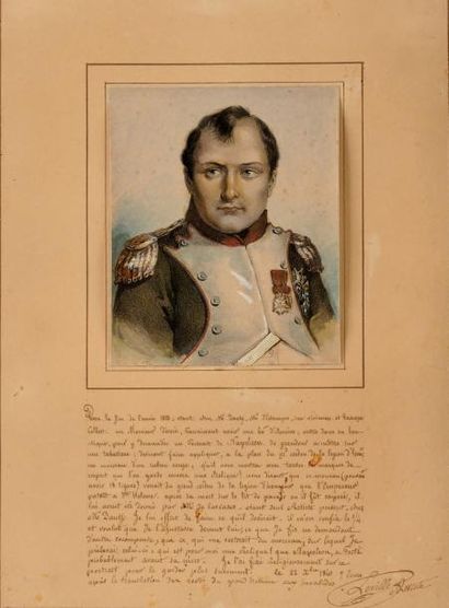 null «L'empereur Napoléon» Gravure aquarellée enrichie d'un fragment d'un ruban de...