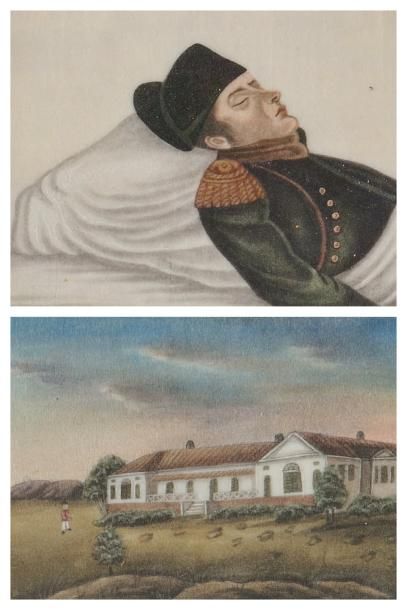 null Sainte-Hélène «Vue de Longwood» «Napoléon sur son lit de mort» Deux aquarelles...