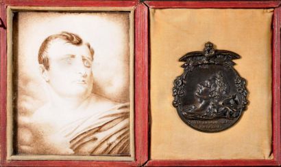 null «Napoléon sur son lit de mort.» Grande miniature rectangulaire en grisaille...