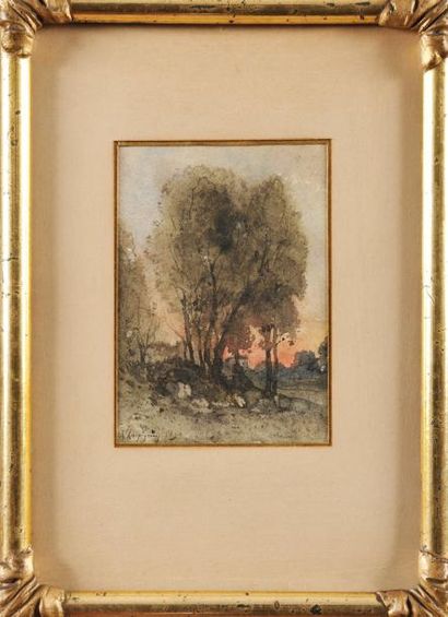 Henri Joseph HARPIGNIÈS (1819-1916) Coucher de soleil en forêt aquarelle signé et...