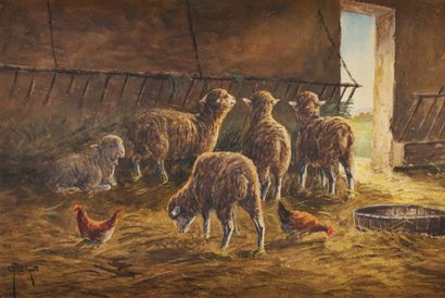T. GIROT (XIXè siècle) Moutons à la bergerie aquarelle signé en bas à gauche 23 x...