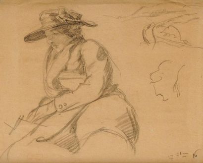 Hippolyte PETITJEAN (1854-1929) Femme au manteau et au chapeau Dessin au crayon Cachet...