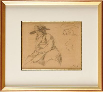 Hippolyte PETITJEAN (1854-1929) Femme au manteau et au chapeau Dessin au crayon Cachet...