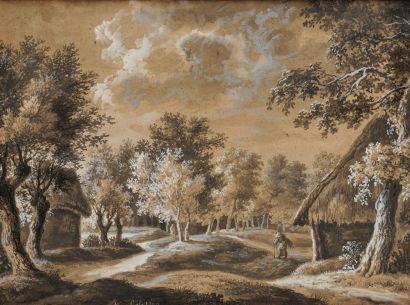 Maximilien Lambert GELISSEN (Bruxelles 1786 - 1867) Fagotière dans un village Lavis...