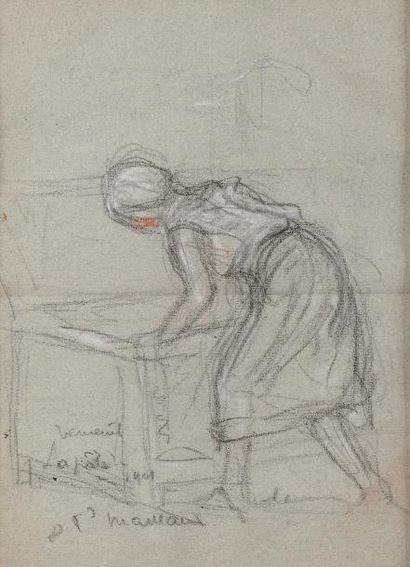 Fernand MAILLAUD (1863-1948) Femme au lavoir Fusain Signé en bas à gauche 29,5 x...