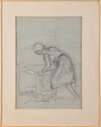 Fernand MAILLAUD (1863-1948) Femme au lavoir Fusain Signé en bas à gauche 29,5 x...