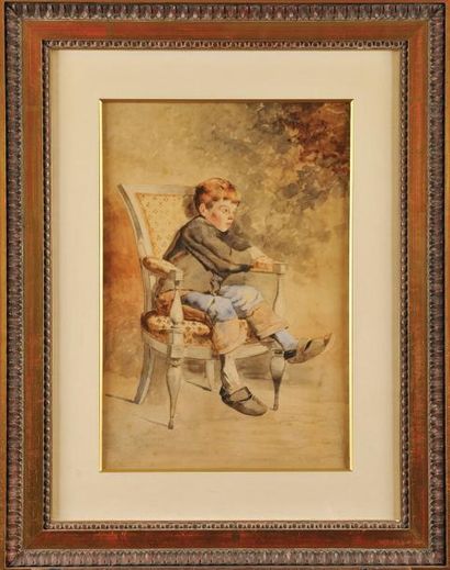 École Française du XIXe siècle Jeune garçon Aquarelle 48 x 33 cm à vue Watercolour,...