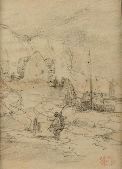 Jules Achille NOEL (1810-1881) Scène de port (esquisse) Dessin au crayon 19 x 14...