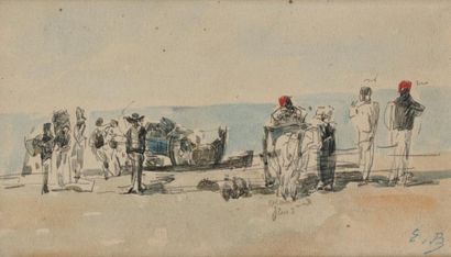 Eugène BOUDIN (1824-1898) Scène animée en bord de mer Crayon et aquarelle sur papier...