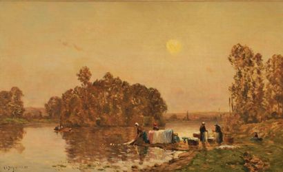 Hippolyte-Camille DELPY (1842-1910) Lavandières en bord de rivière, soleil couchant,...