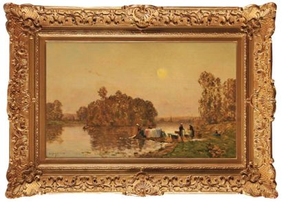 Hippolyte-Camille DELPY (1842-1910) Lavandières en bord de rivière, soleil couchant,...