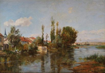 Edmond Marie PETITJEAN (1844-1925) Village lorrain au bord de la rivière Sur sa toile...