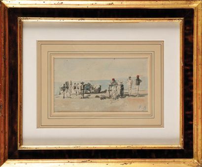Eugène BOUDIN (1824-1898) Scène animée en bord de mer Crayon et aquarelle sur papier...