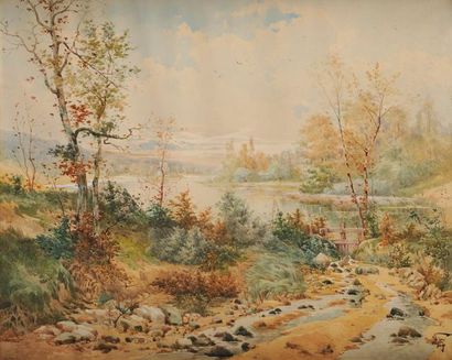 Hippolyte Jean Adam GIDE (1852-1921) Paysage au lac Aquarelle et réhauts de gouache...