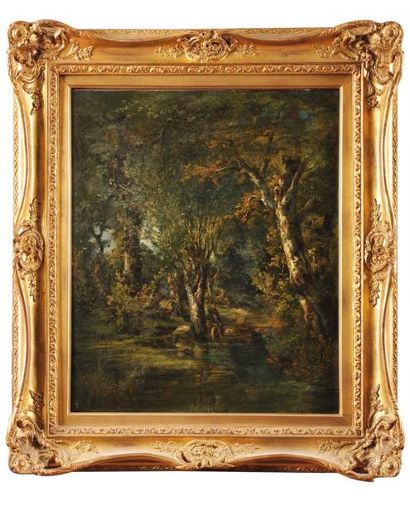 Jules ANDRÉ (1807-1869) Repos en forêt Sur sa toile d'origine Signé en bas à droite...