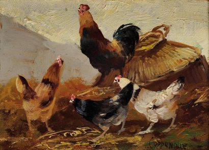 Edmond Van COPPENOLLE (1846-1914) Poules Huile sur panneau signé en bas à droite...