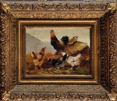 Edmond Van COPPENOLLE (1846-1914) Poules Huile sur panneau signé en bas à droite...