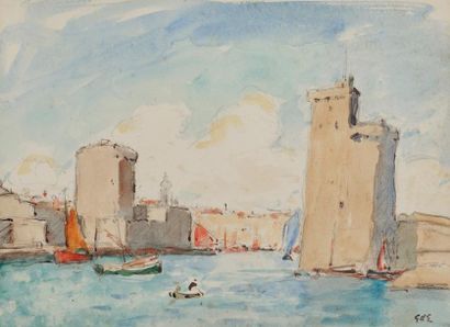 Georges D'ESPAGNAT (1870-1950) L'entrée du Port de la Rochelle Aquarelle et crayon...