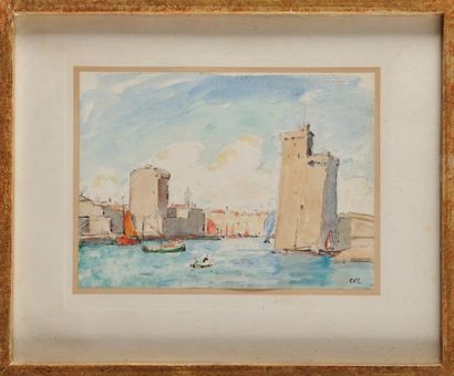 Georges D'ESPAGNAT (1870-1950) L'entrée du Port de la Rochelle Aquarelle et crayon...