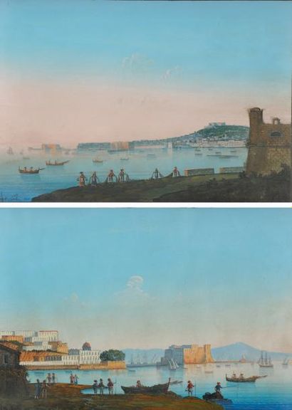 École Napolitaine du XIXe siècle Vues de Naples: «Spiaggia del Chiatamone» et «Napoli...