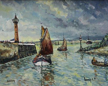 ROBERT LP LAVOINE (1916-1999) Entrée du Port de Honfleur Huile sur toile Signée en...