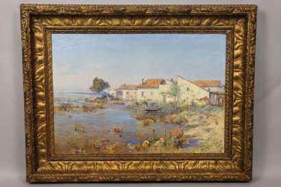 Henri BÉSINÉ (XIX-XX) Maison en bord d'estuaire Sur sa toile d'origine Signé et daté...