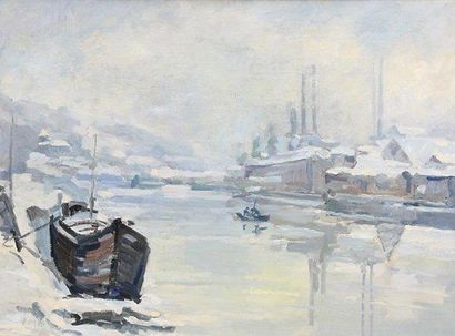 Charles MALLE (né en 1935) La Seine sous la neige Huile sur toile Signée en bas à...