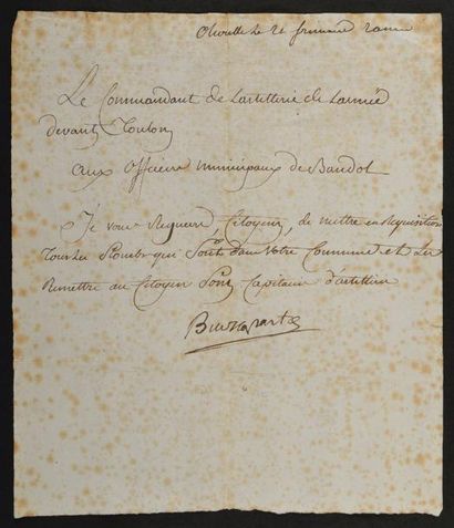 null BONAPARTE (Napoléon). Pièce signée «Buonaparte», adressée aux officiers municipaux...