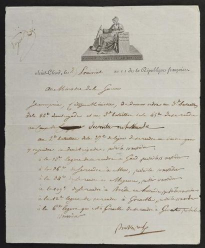BONAPARTE (NAPOLEON). Lettre signée «Bonaparte»,...