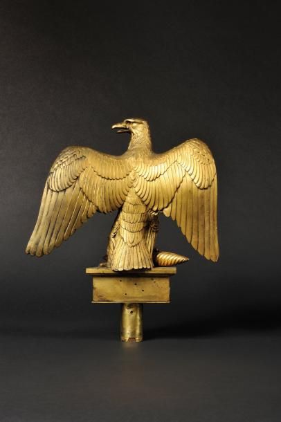 null RARE AIGLE DE DRAPEAU MODELE 1804. Aigle en bronze doré, à tête tournée vers...