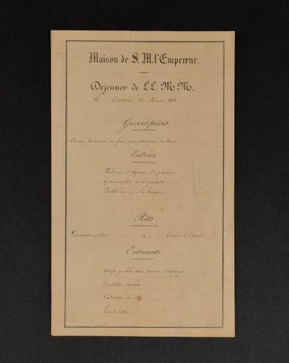 null MENU DE LA MAISON DE S.M. L'EMPEREUR NAPOLEON III Pour le vendredi 27 mars 1868:...